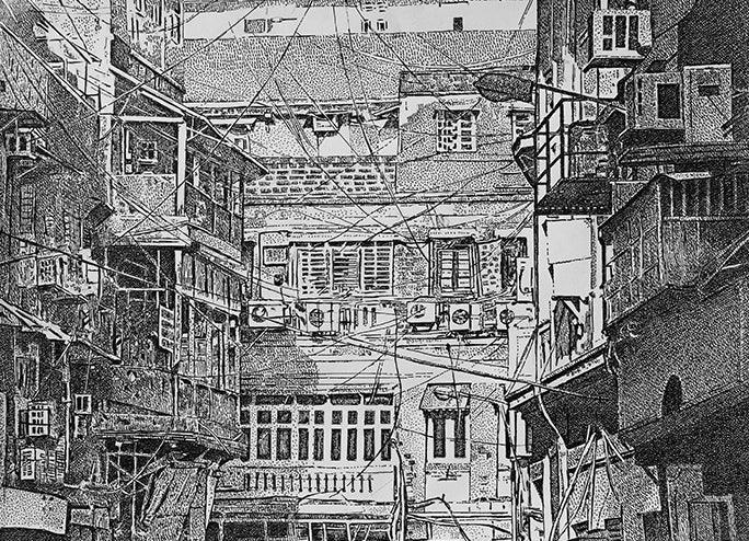 Cityscape pen ink drawing titled 'Gully', 11x15 inches, by artist Umesh Ghadge on Paper