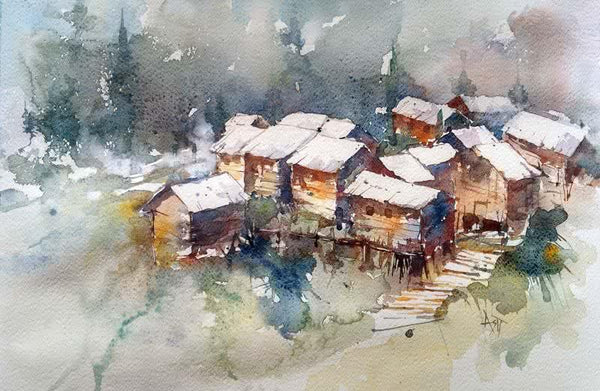 Landscape watercolor painting titled 'Gurez Valley Kashmir', 18x12 inches, by artist Asit  Singh on Paper