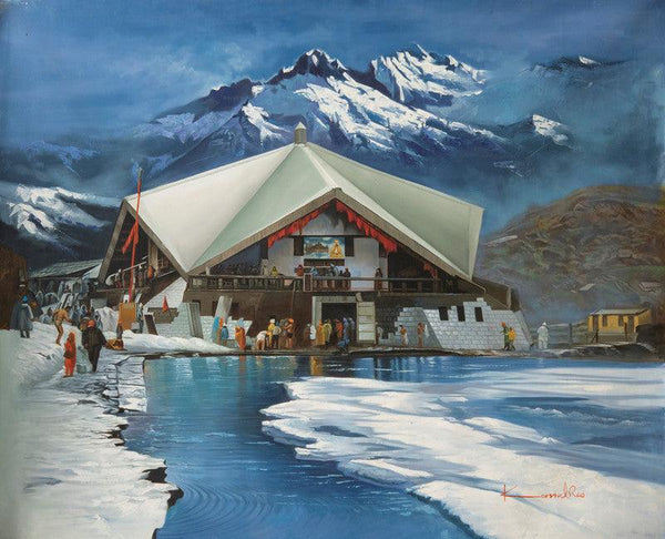 Religious oil painting titled 'Gurudwara Shri Hemkund Sahib', 48x39 inches, by artist Kamal Rao on Canvas