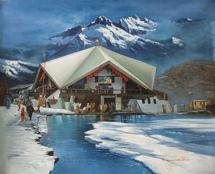 Religious oil painting titled 'Gurudwara Shri Hemkund Sahib', 48x39 inches, by artist Kamal Rao on Canvas