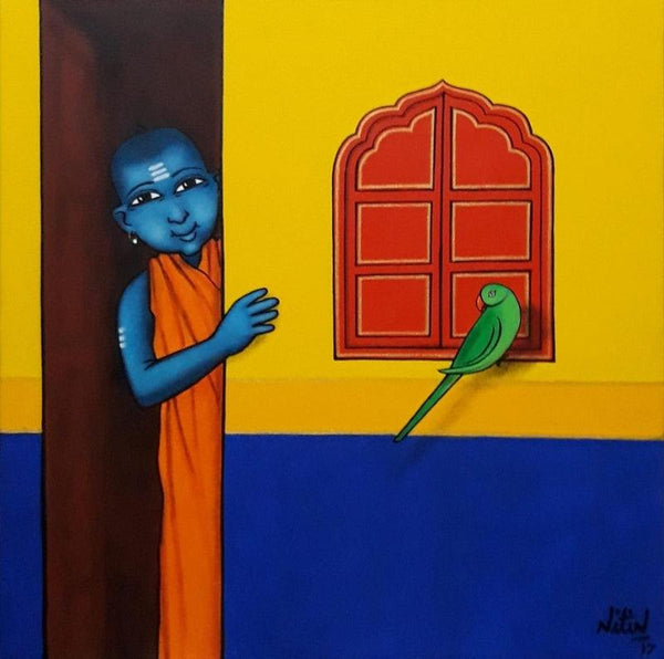 Figurative acrylic painting titled 'Gurukul Boy With Friendly Parrot', 24x24 inches, by artist Nitin Ghangrekar on Canvas