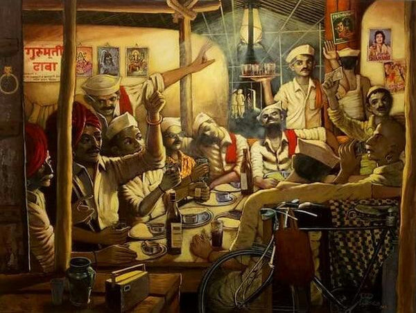 Figurative acrylic painting titled 'Gurumurti Dhaba', 72x96 inches, by artist Vijay Gille on Canvas