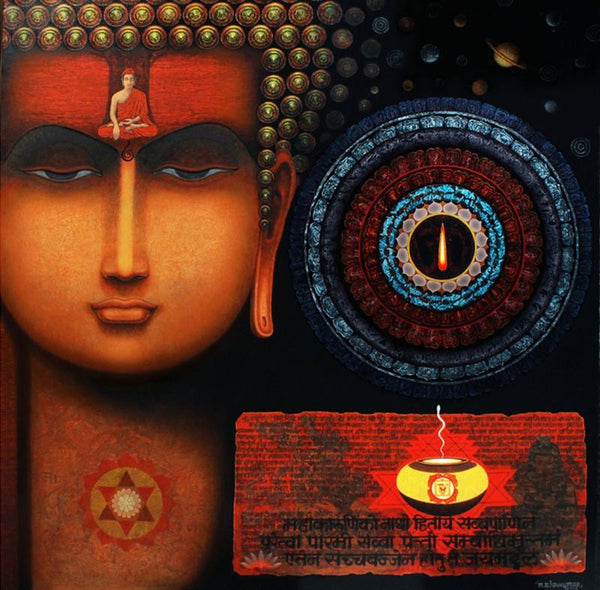 Motivational acrylic painting titled 'Gyan Bodh', 47x47 inches, by artist Ajay Meshram on Canvas