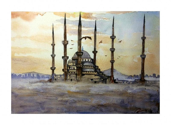 Cityscape watercolor painting titled 'Hagia Sophia Instanbul Turkey', 7x11 inches, by artist Arunava Ray on Paper