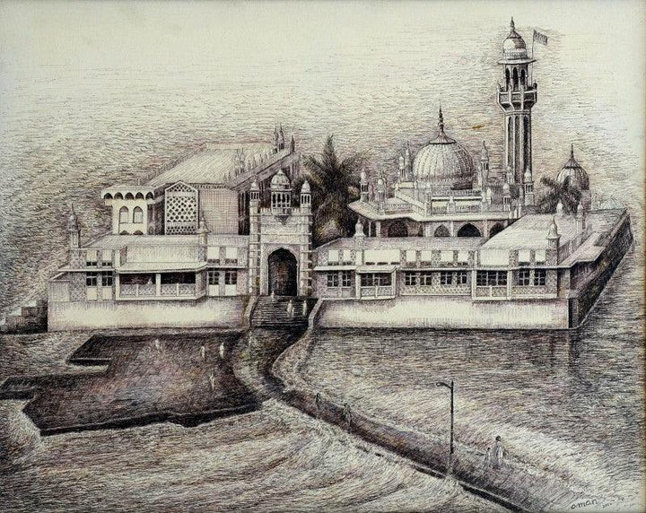 Cityscape ink drawing titled 'Haji Ali Darga', 22x32 inches, by artist Aman A on Canvas