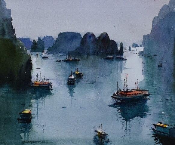 Seascape watercolor painting titled 'Halong Bay', 14x16 inches, by artist Bijay Biswaal on Arches Paper