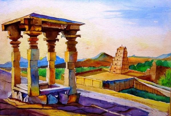 Landscape watercolor painting titled 'Hampi', 17x14 inches, by artist Chetan Agrawal on Handmade Paper