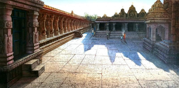 Religious oil painting titled 'Hampi Temple', 20x40 inches, by artist Pravin Pasare on Canvas