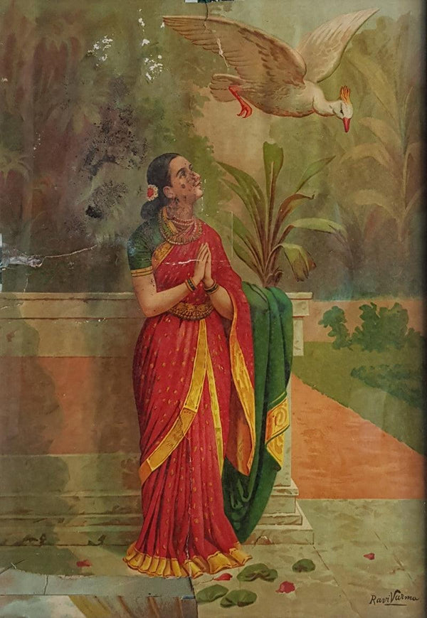 Figurative oleograph painting titled 'Hamsa Damayanthi', 22x16 inches, by artist Raja Ravi Varma on Paper