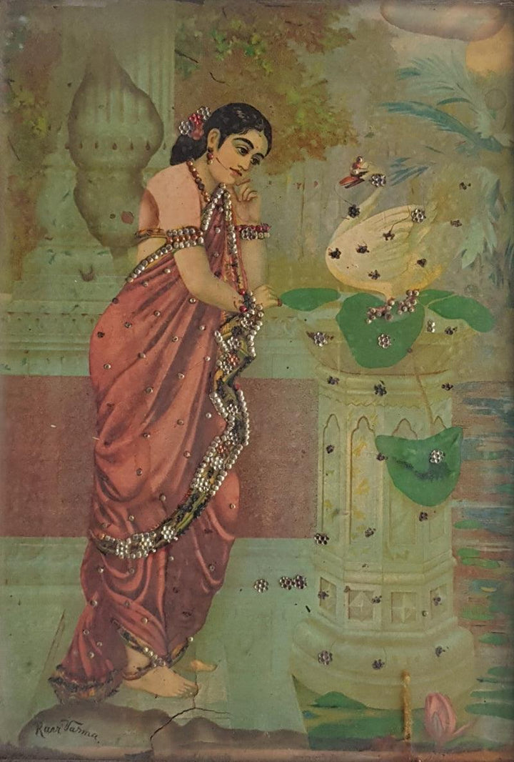 Religious oleograph painting titled 'Hamsa Damayanti', 16x12 inches, by artist Raja Ravi Varma on Paper