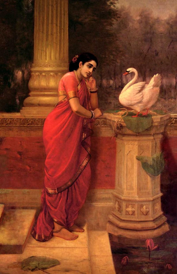 Figurative oil painting titled 'Hamsadamayanthi', 36x24 inches, by artist Raja Ravi Varma Reproduction on Canvas