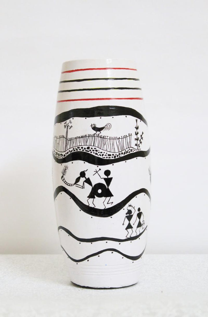 Pots/Vessels handicraft titled 'Hand Painted Tribal Vase I', 9x4x4 inches, by artist Akanksha Rastogi on Terracotta