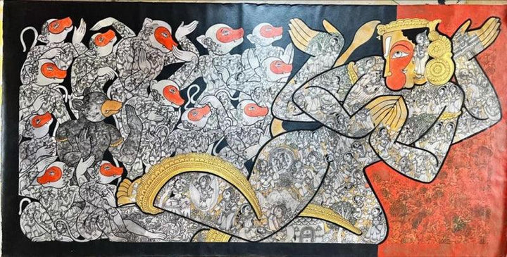 Religious acrylic painting titled 'Hanuman', 36x72 inch, by artist Ramesh Gorjala on Canvas