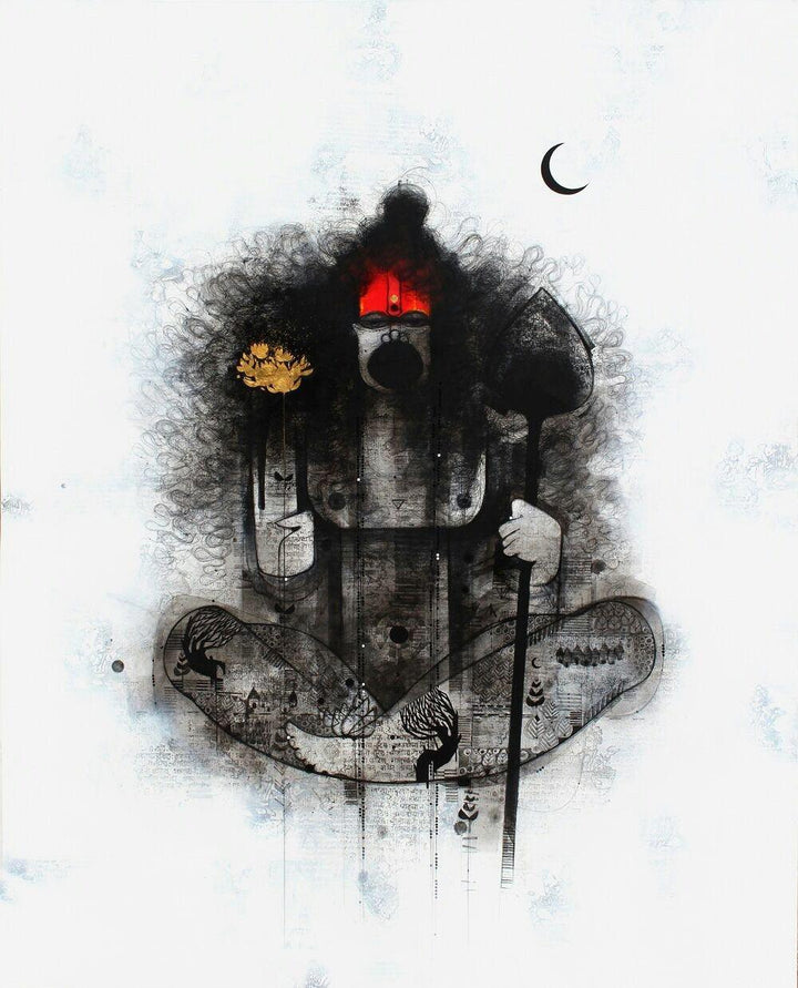 Religious mixed media painting titled 'Hanuman Ji', 48x60 inches, by artist Amol Pawar on canvas