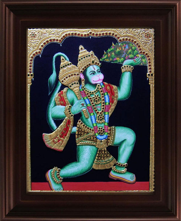 Religious tanjore traditional art titled 'Hanuman Sanjeevi Malai Tanjore', 24x18 inches, by artist Myangadi Tanjore on Plywood