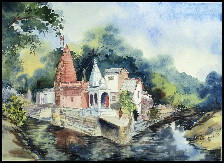 Landscape watercolor painting titled 'Hanuman Temple', 14x20 inches, by artist Ghanshyam Dongarwar on cold pressed