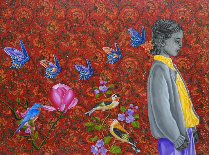 Figurative acrylic-oil painting titled 'Happiness', 36x48 inch, by artist Deepali S on Canvas