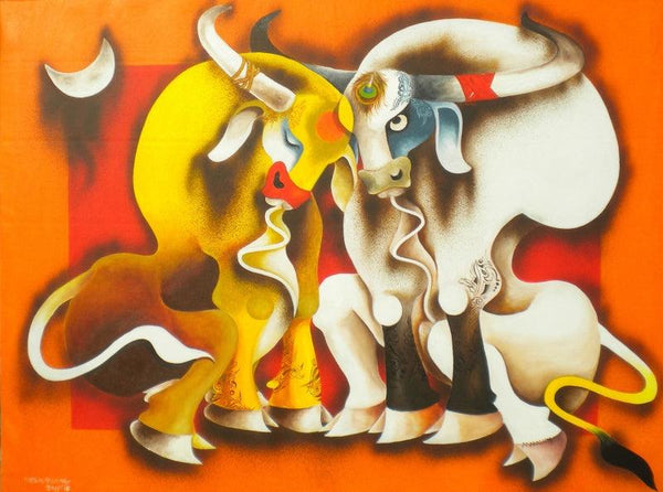 Animals acrylic painting titled 'Happiness', 36x48 inches, by artist Uttam Manna on Canvas