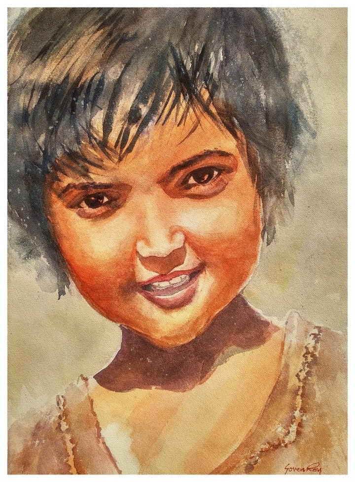 Portrait watercolor painting titled 'Happy', 20x14 inches, by artist Soven Roy on Handmade paper