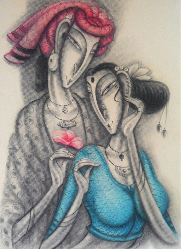 Figurative charcoal painting titled 'Happy Couple', 29x21 inches, by artist Ramesh Pachpande on Paper