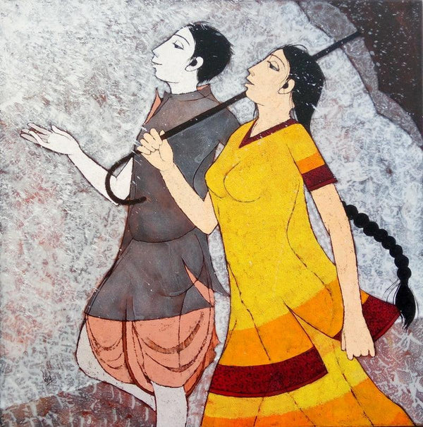 Figurative acrylic painting titled 'Happy Monsoon', 32x32 inches, by artist Rahul Mhetre on Canvas