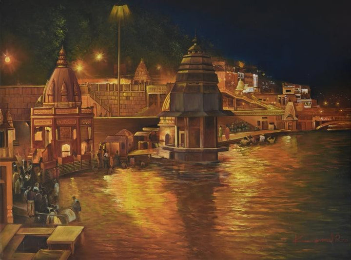 Religious oil painting titled 'Har Ki Pauri Ghat Haridwar', 48x36 inches, by artist Kamal Rao on Canvas