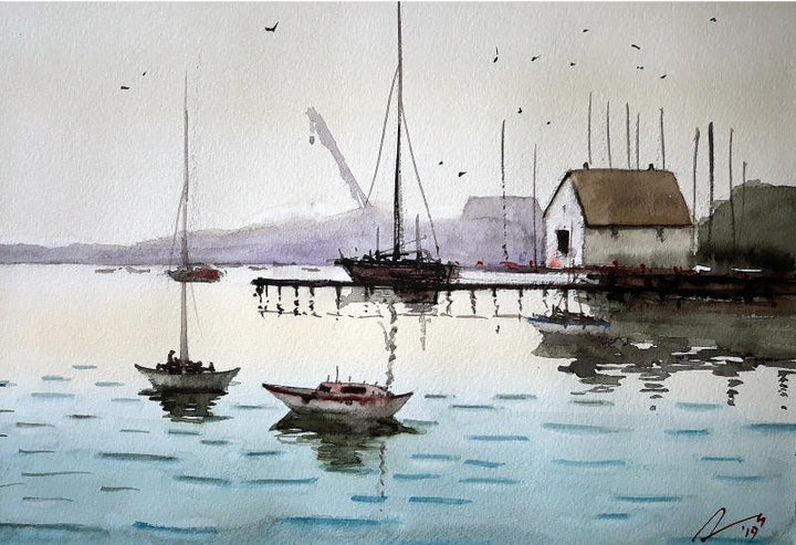 Seascape watercolor painting titled 'Harbour', 8x11 inches, by artist Arunava Ray on Paper