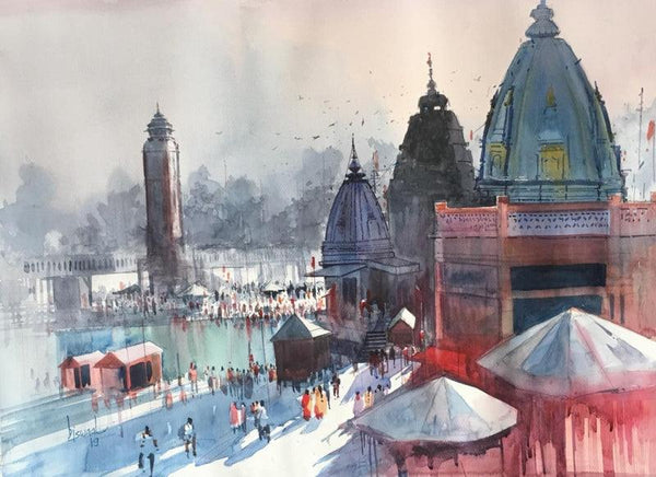 Cityscape watercolor painting titled 'Haridwar', 22x30 inches, by artist Bijay Biswaal on Paper