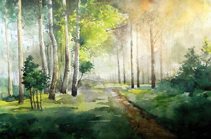 Landscape watercolor painting titled 'Harmoney With Nature', 14x21 inches, by artist Jitendra Sule on Handmade Paper