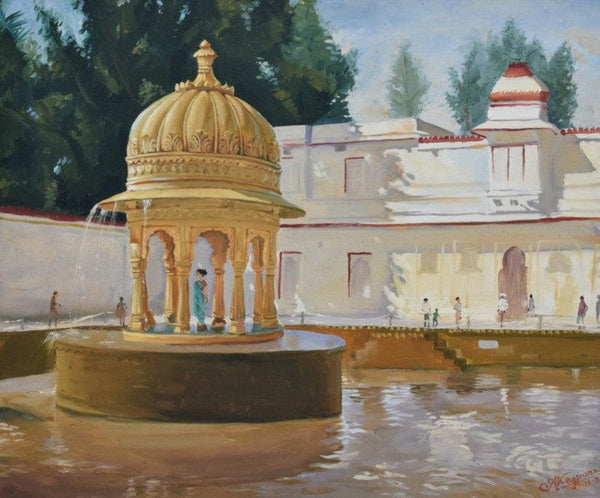 Cityscape oil painting titled 'Harmonious Cenotaph', 30x36 inches, by artist Ambadas Nagpure on Canvas