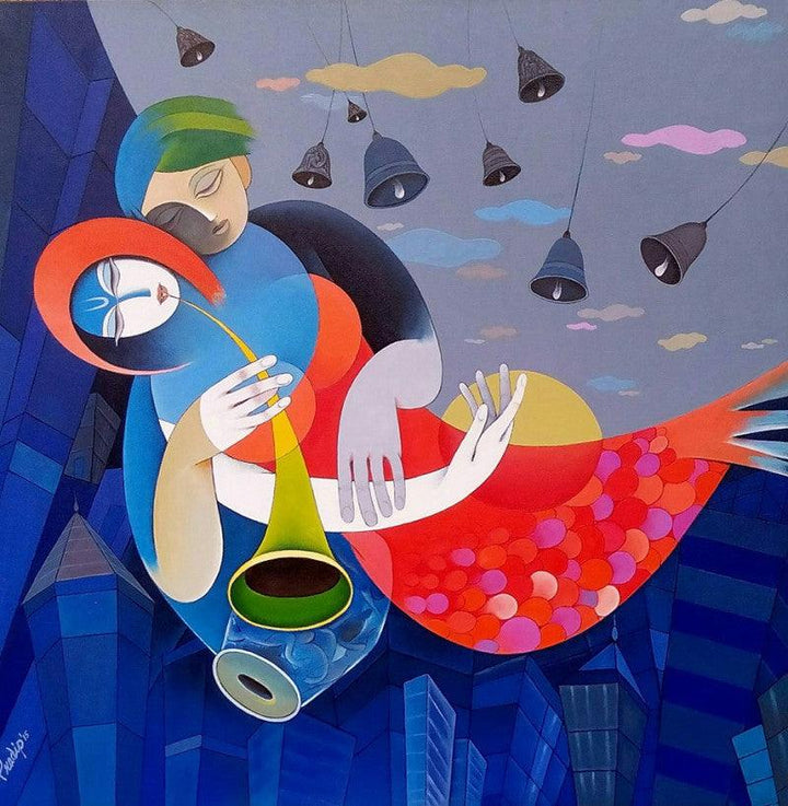 Figurative acrylic painting titled 'Harmonious City Of Mumbai I', 30x30 inches, by artist Pradip Sarkar on Canvas