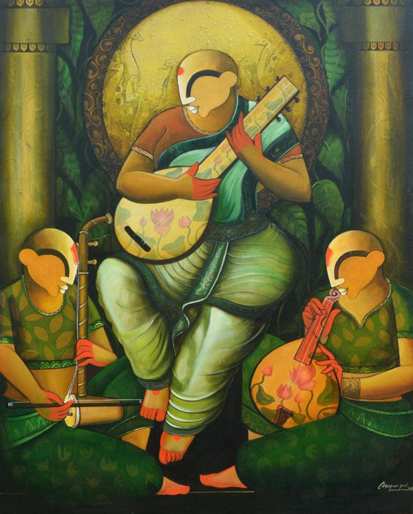 Figurative acrylic painting titled 'Harmonious Strings', 48x54 inches, by artist Anupam Pal on canvas