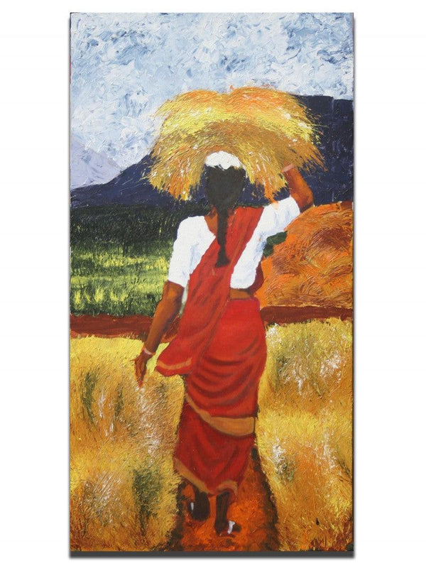 Figurative acrylic painting titled 'Harvest woman', 46x20 inches, by artist Vignesh Kumar on canvas