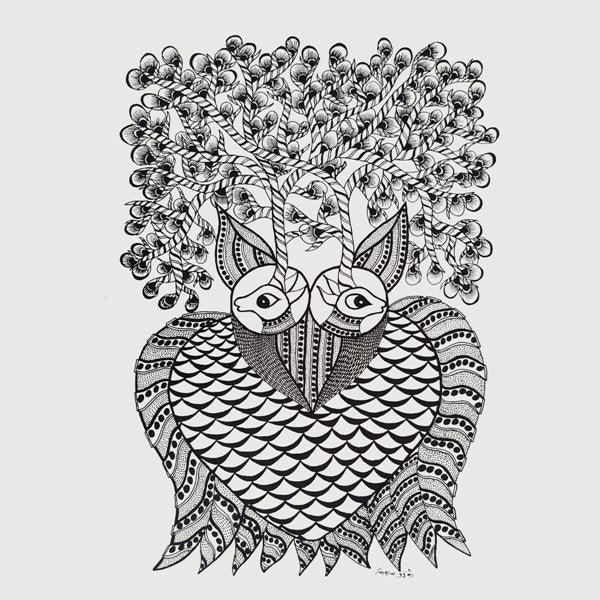 Folk Art mixed media painting titled 'Haunting Owl Gond Art', 14x10 inches, by artist Kishan Uikey on Handmade Paper