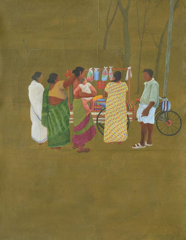 Figurative acrylic charcoal painting titled 'Hawkers And Villagers', 52x42 inches, by artist Santanu Debnath on Canvas