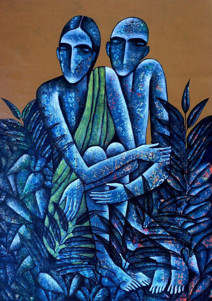 Figurative acrylic painting titled 'He And She', 42x30 inches, by artist Ranjith Raghupathy on Canvas