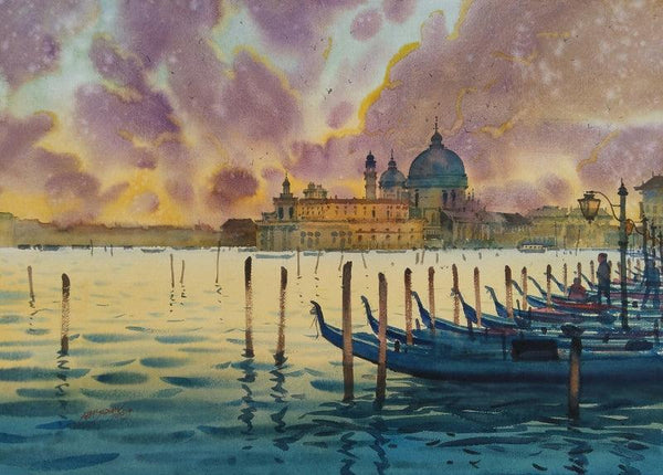 Seascape watercolor painting titled 'Heaven On Earth Venice', 24x30 inches, by artist Abhijit Jadhav on Paper