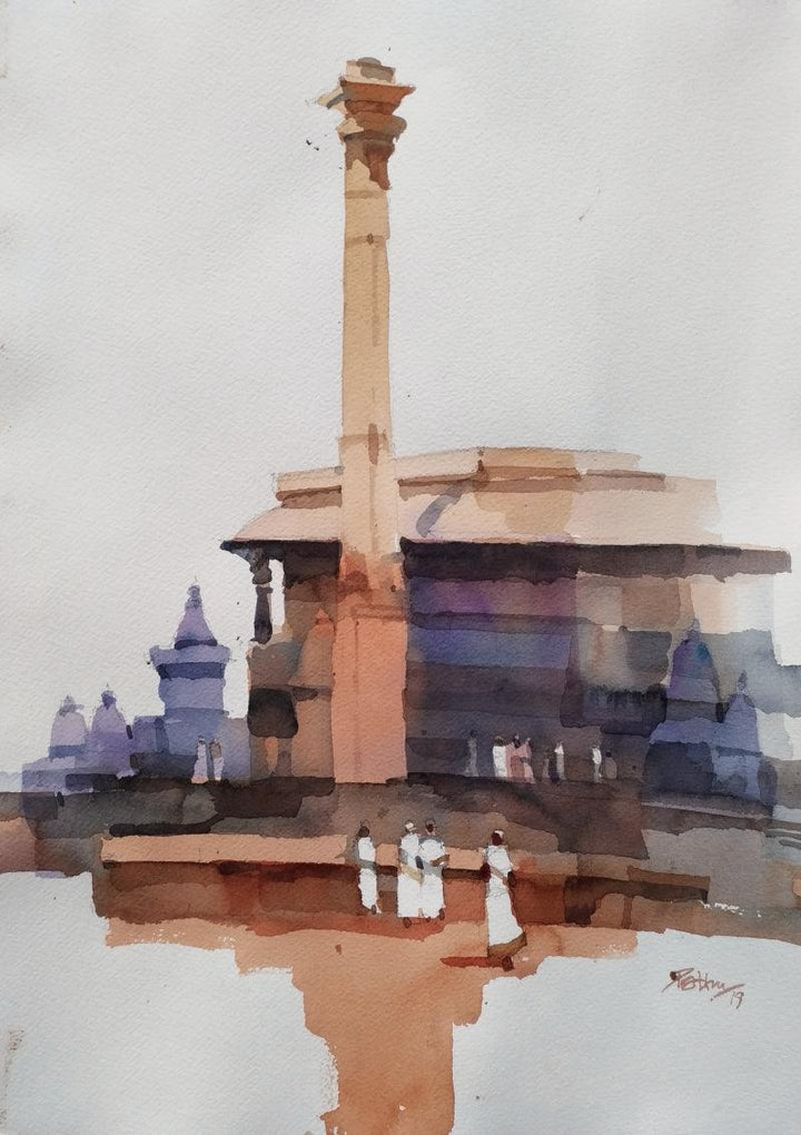 Landscape watercolor painting titled 'Height Of Heritage At Belur 1', 20x14 inches, by artist Prashant Prabhu on Paper