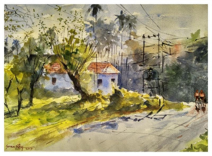 Landscape watercolor painting titled 'Hello', 20x14 inches, by artist Soven Roy on Handmade paper