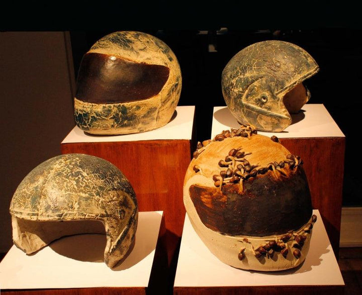 Still-life sculpture titled 'Helmet Series 1', 10x10x4 inches, by artist Triveni Tiwari on Ceramic