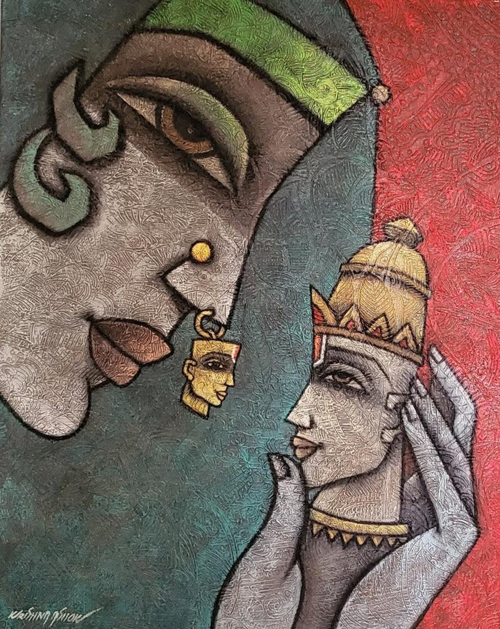 Religious mixed media painting titled 'Her Ornament 2', 30x24 inches, by artist Krishna Ashok on Canvas