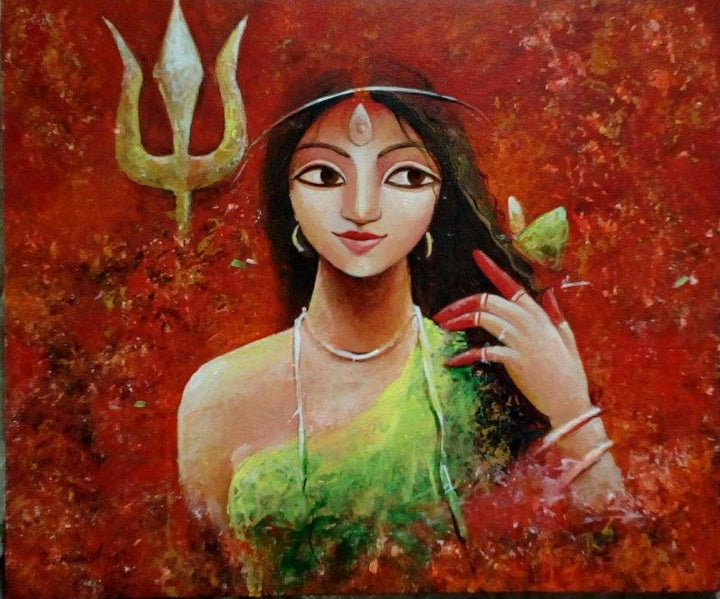 Religious acrylic painting titled 'Her Power', 24x24 inches, by artist Indrani Acharya on Canvas