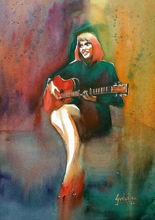 Figurative watercolor painting titled 'Her Swaying Red Shoes', 18x13 inches, by artist Gulshan Achari on Paper