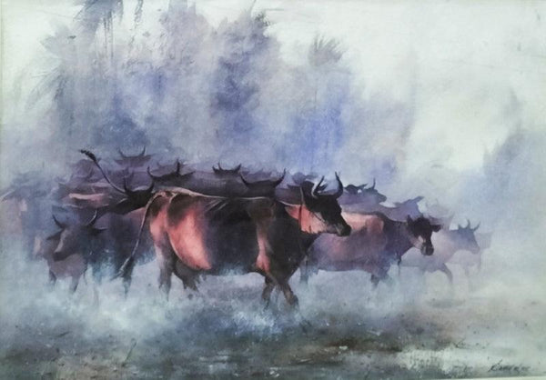 Animals watercolor painting titled 'Herd If Cows In The Morning', 22x30 inches, by artist Sadikul Islam on Paper