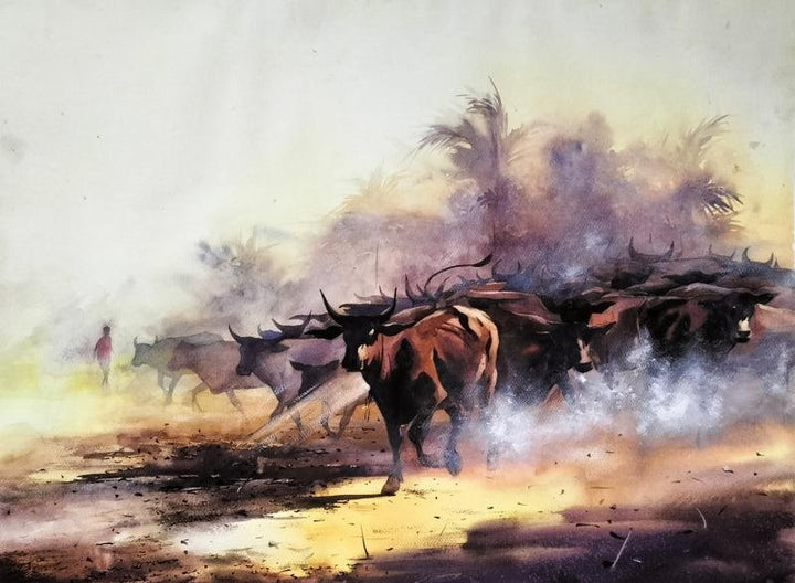 Animals watercolor painting titled 'Herd Of Cows In The Morning 3', 22x30 inches, by artist Sadikul Islam on Paper