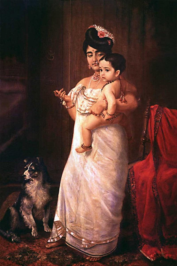Figurative oil painting titled 'Here Comes Papa', 36x24 inches, by artist Raja Ravi Varma Reproduction on Canvas