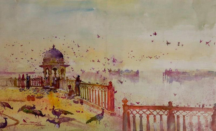 Cityscape watercolor painting titled 'Heritage 4', 22x38 inches, by artist Sayajirao Nangare on Fabriano Paper