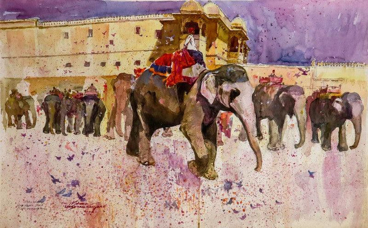 Cityscape watercolor painting titled 'Heritage 5', 22x38 inches, by artist Sayajirao Nangare on Fabriano Paper