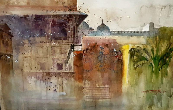 Religious watercolor painting titled 'Heritage 6', 22x38 inches, by artist Sayajirao Nangare on Fabriano Paper