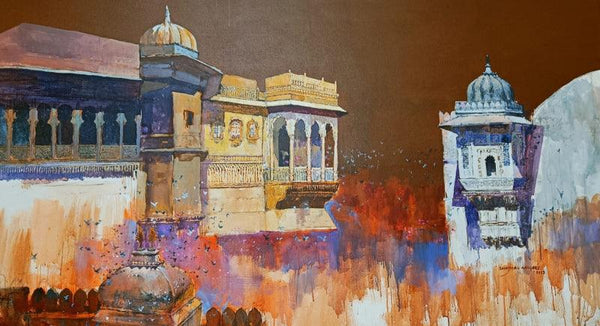 Cityscape acrylic painting titled 'Heritage In Rajasthan', 48x84 inches, by artist Sayajirao Nangare on Canvas